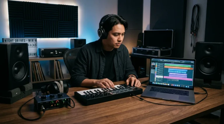Music producer working at a studio desk with a laptop and MIDI keyboard at night