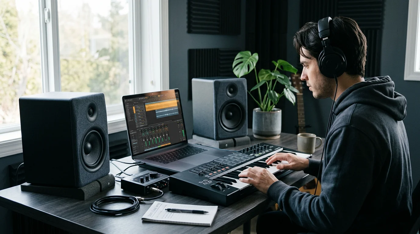Producer workstation with MIDI keyboard and laptop running a DAW