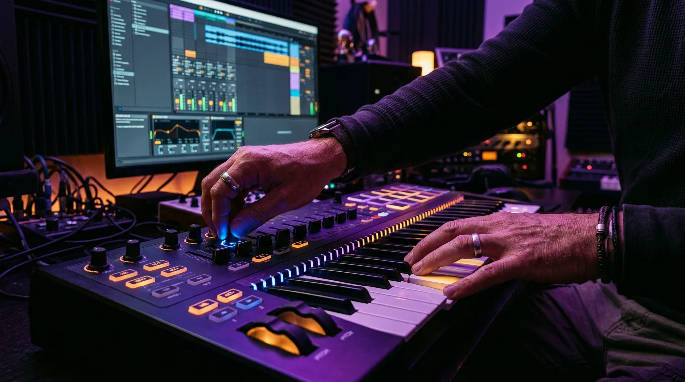 Hands playing a MIDI controller in a dark studio during a beatmaking session