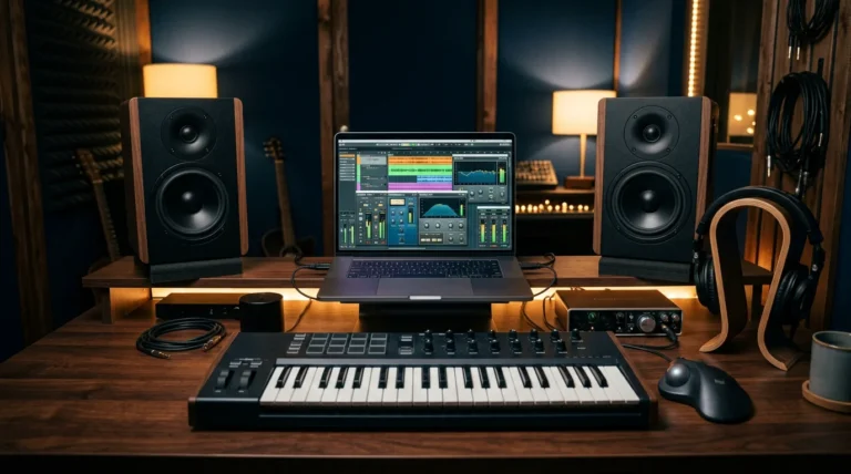 A professional music production studio desk with a laptop running a digital audio workstation and plugins