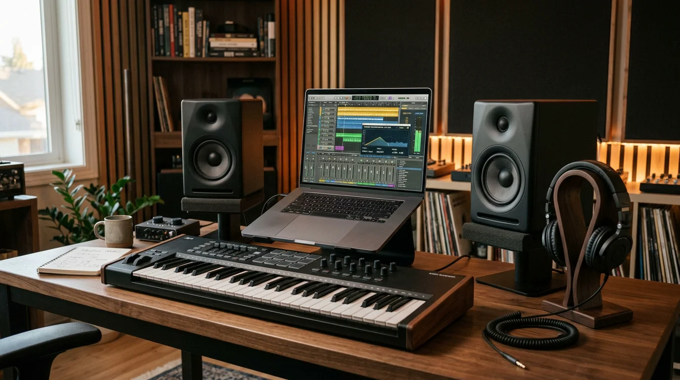 A producer's studio desk with a laptop running a digital audio workstation and a MIDI keyboard