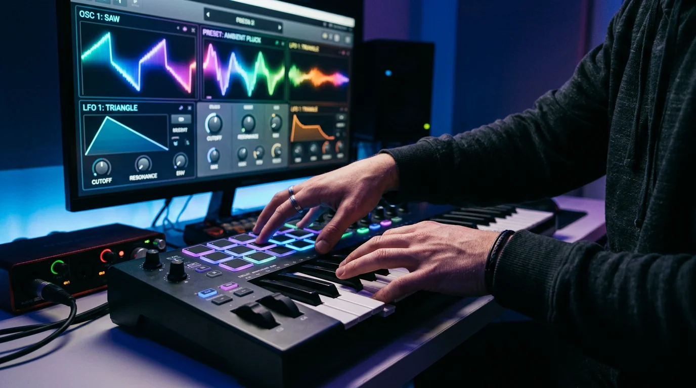Hands playing a MIDI controller with synthesizer preset waveforms glowing on a screen