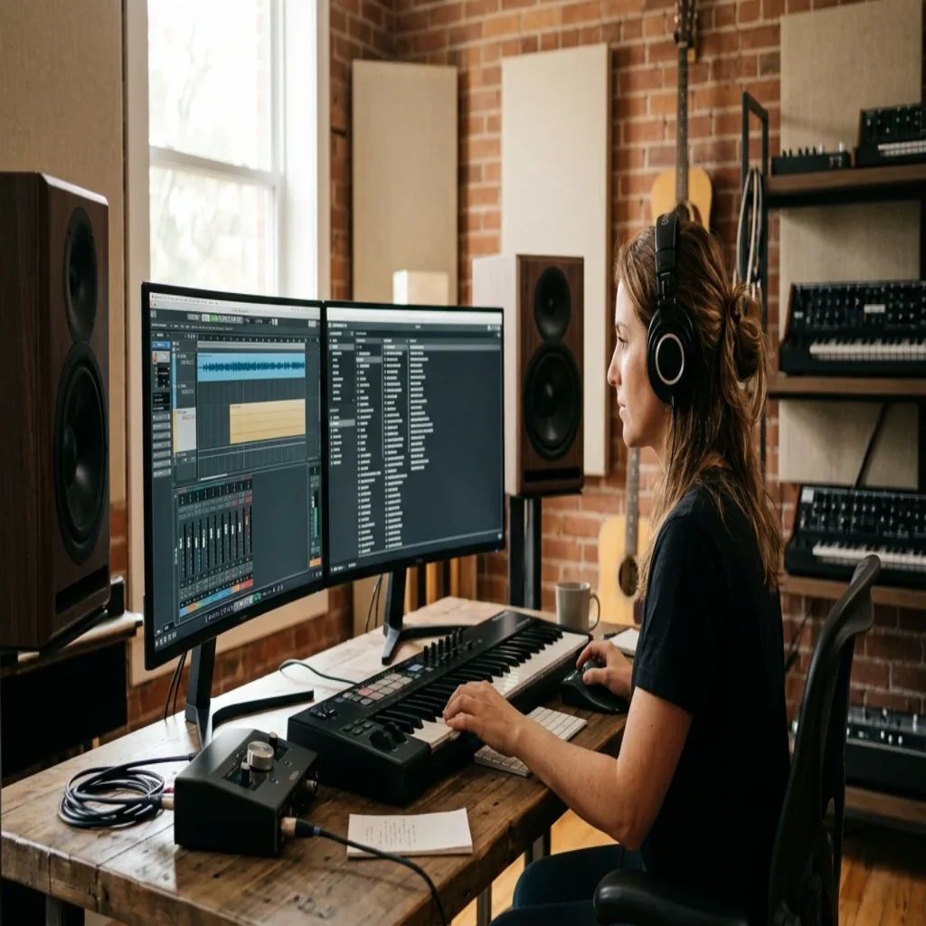 Music producer working with sound bank presets in a professional studio