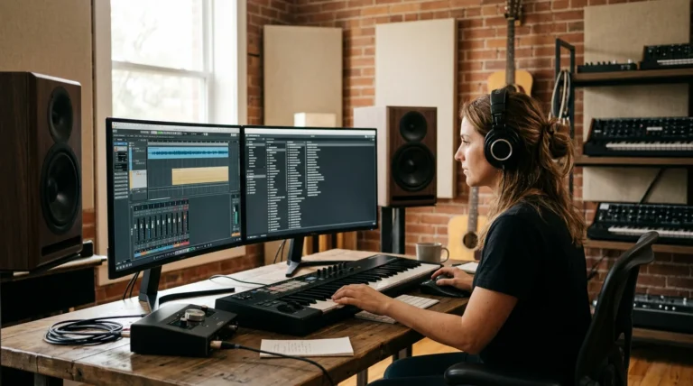 Music producer working with sound bank presets in a professional studio