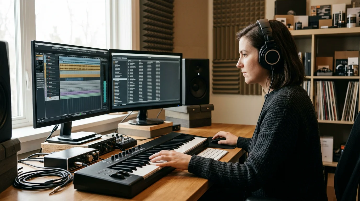 Producer browsing preset sound banks inside a digital audio workstation