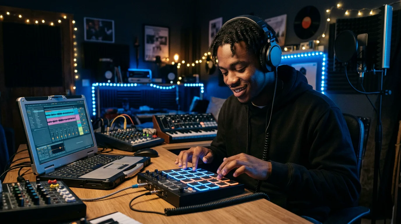 Beatmaker crafting an original melody with a pad controller in a studio