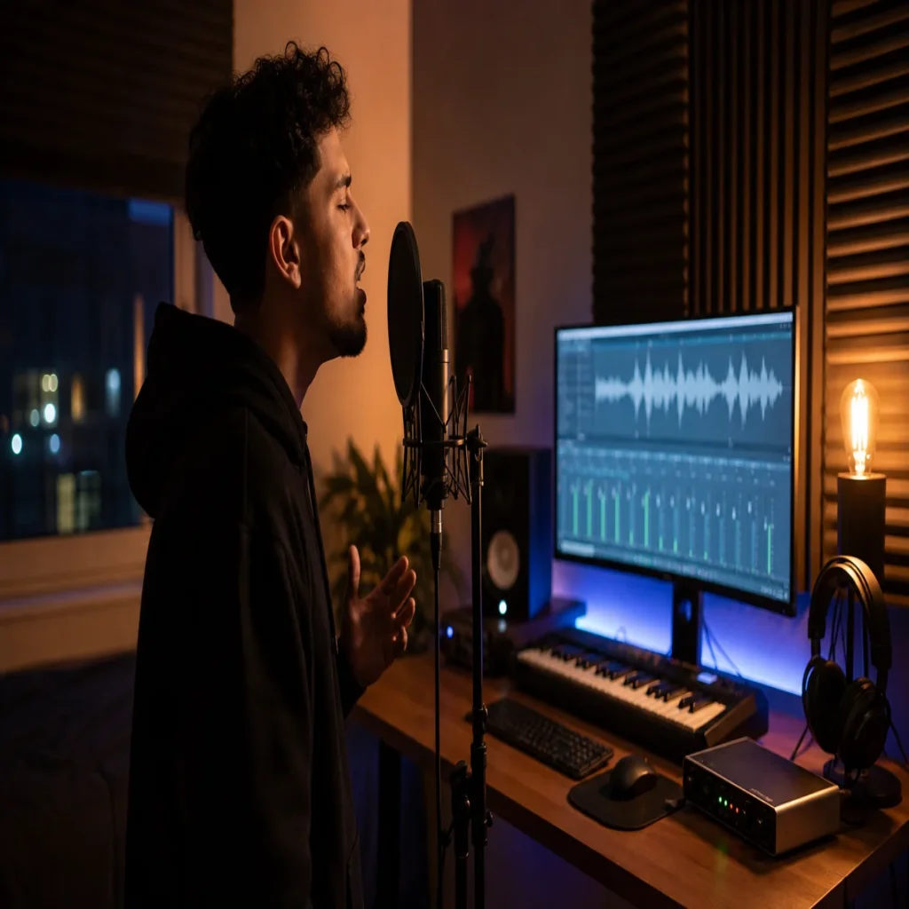 Vocalist recording an intimate performance in a home music studio