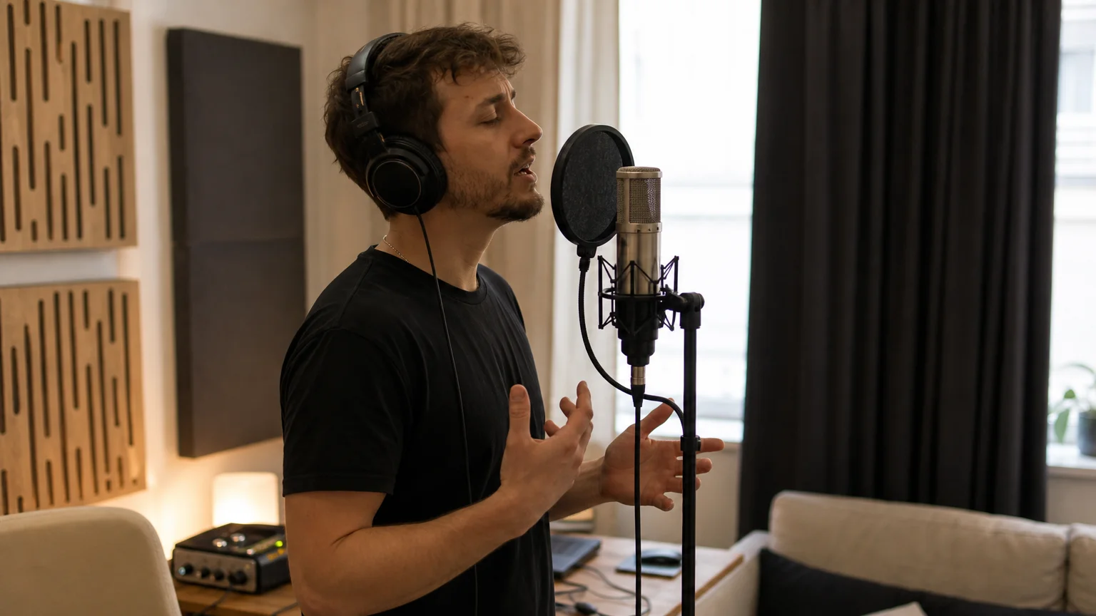 Vocalist recording beside acoustic treatment in a home studio