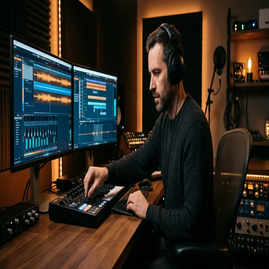 Music producer working at a home studio with headphones and a MIDI controller