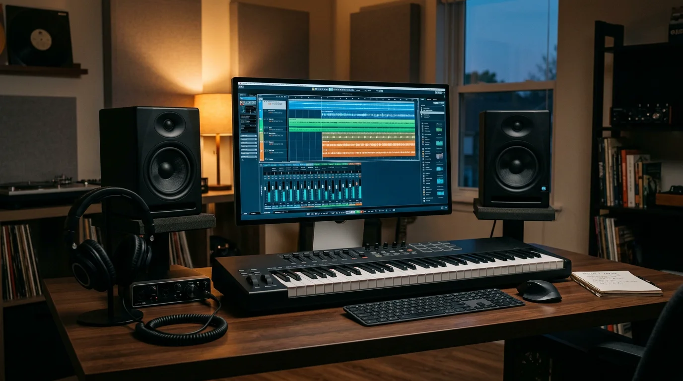 Home studio desk with a digital audio workstation open on screen