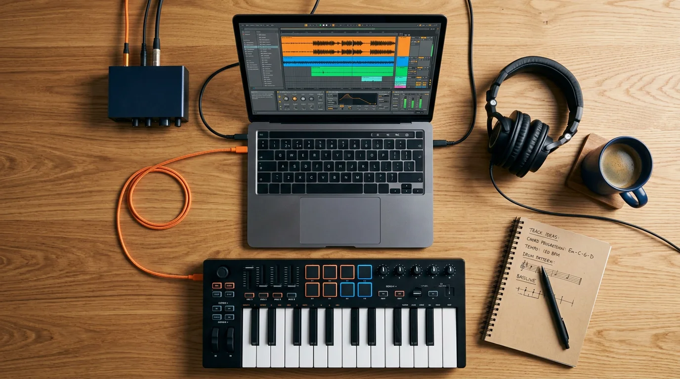Overhead flat lay of a beatmaking workspace with controller and laptop