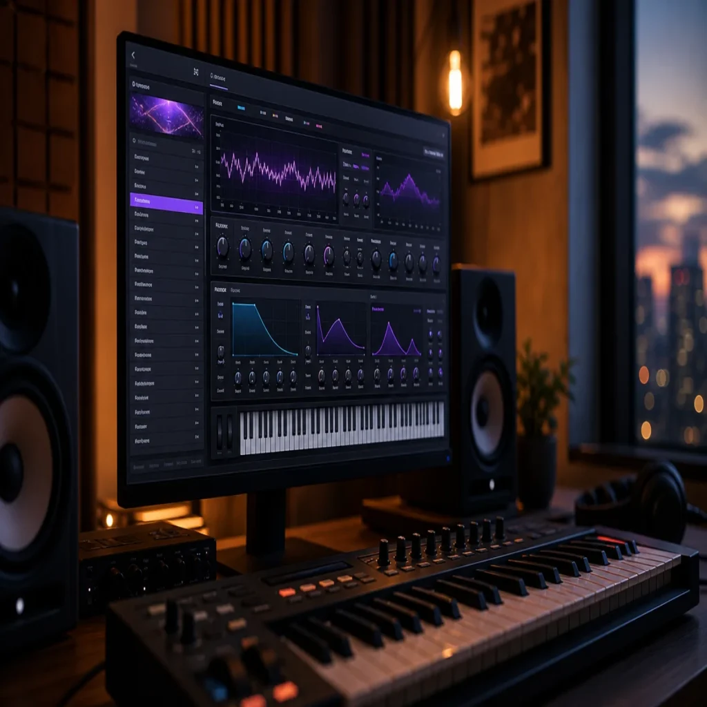 Producer's studio desk with a software synthesizer interface on screen and a MIDI keyboard