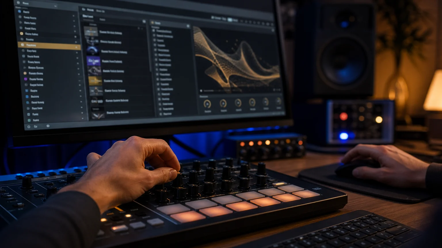 Producer auditioning presets on a controller with a glowing preset browser on the monitor