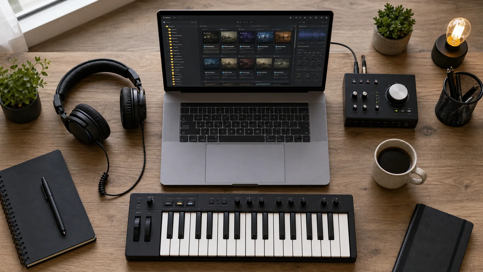 Overhead view of a music production desk with laptop, headphones and MIDI keyboard