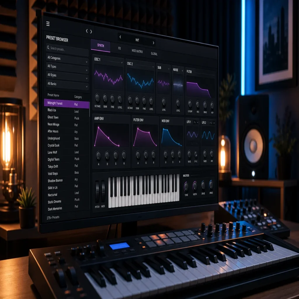 Home studio desk with a synthesizer preset browser open on screen and a MIDI keyboard