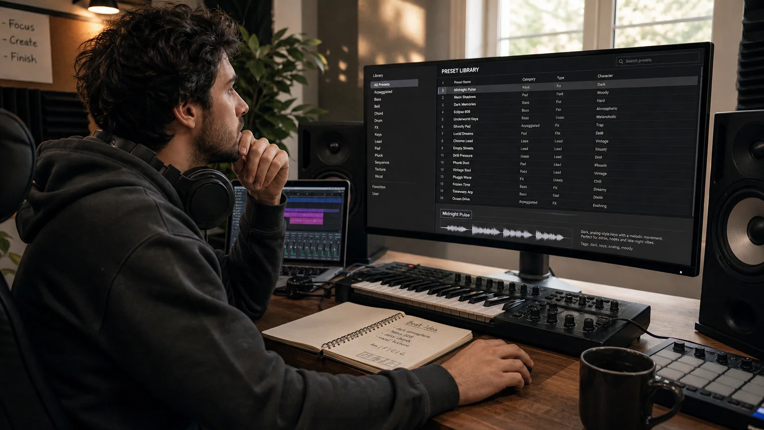 Producer at a studio desk browsing a genre-specific preset library on screen