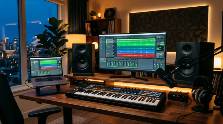 Modern home music production studio with monitors and MIDI controller