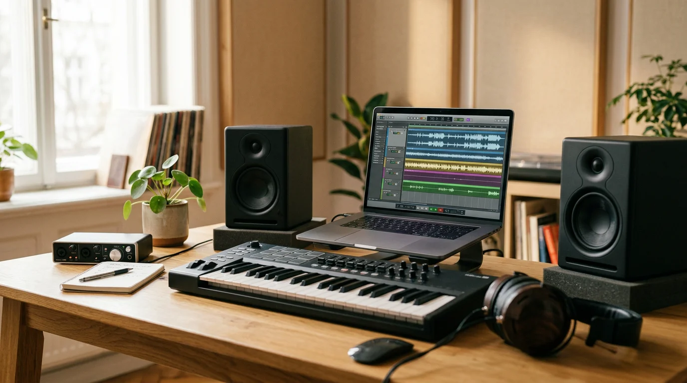 Home studio setup with MIDI keyboard and laptop for beatmaking