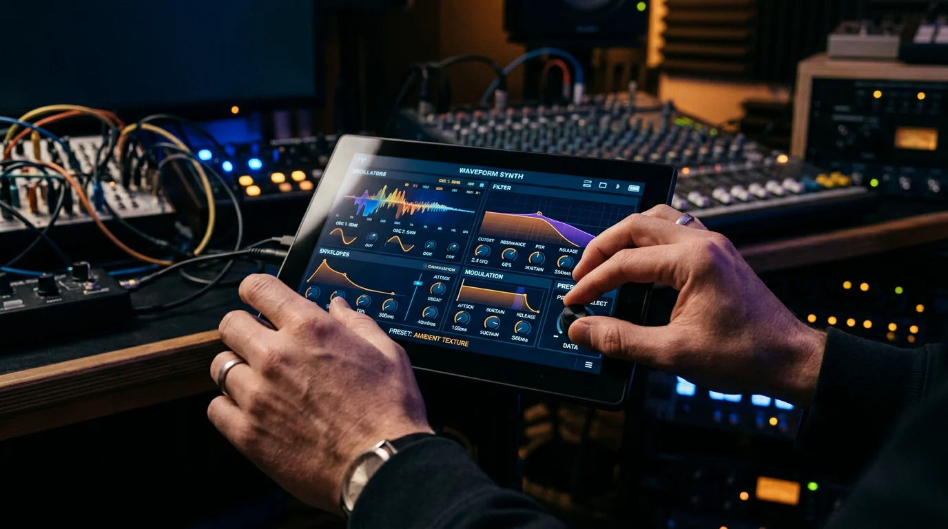Producer designing a custom synth preset in a studio