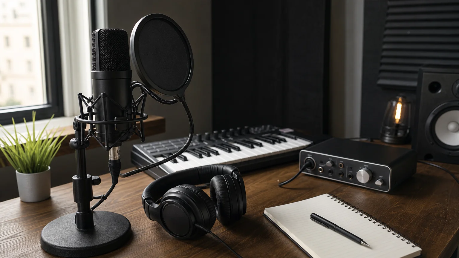 Microphone, headphones, MIDI keyboard, and audio interface for vocal production