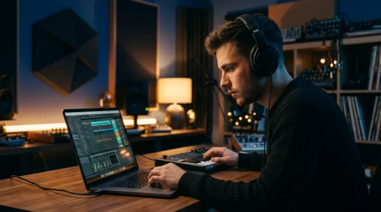 Music producer working on a laptop in a warmly lit home studio
