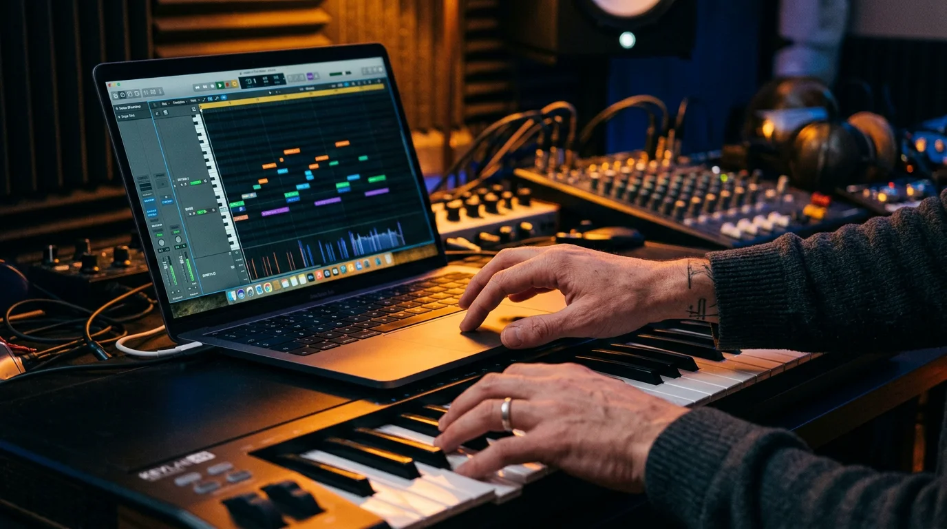 Producer arranging MIDI melody notes on a laptop in a home studio