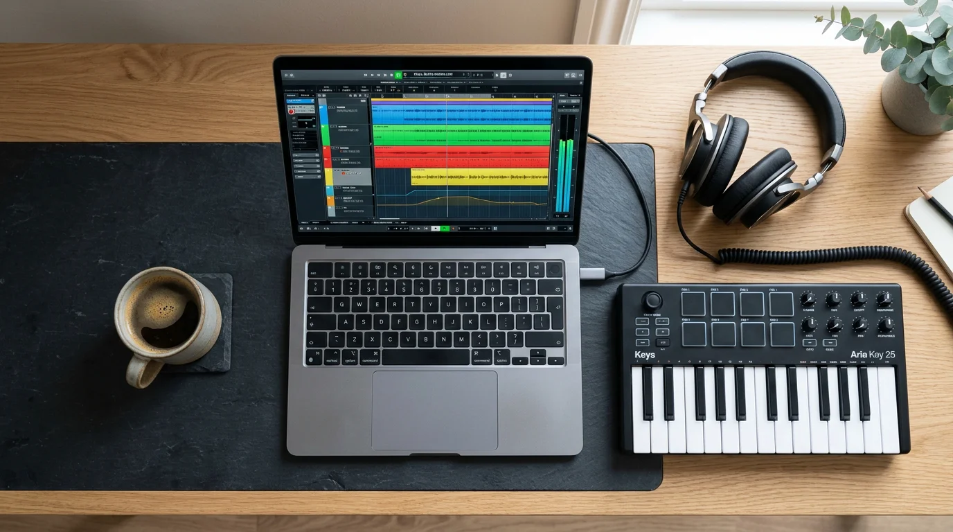 Overhead view of a BandLab music production setup with laptop and MIDI controller