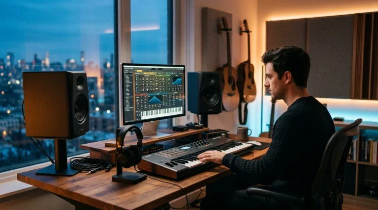 Home music studio at dusk with a synthesizer interface on screen and a MIDI keyboard