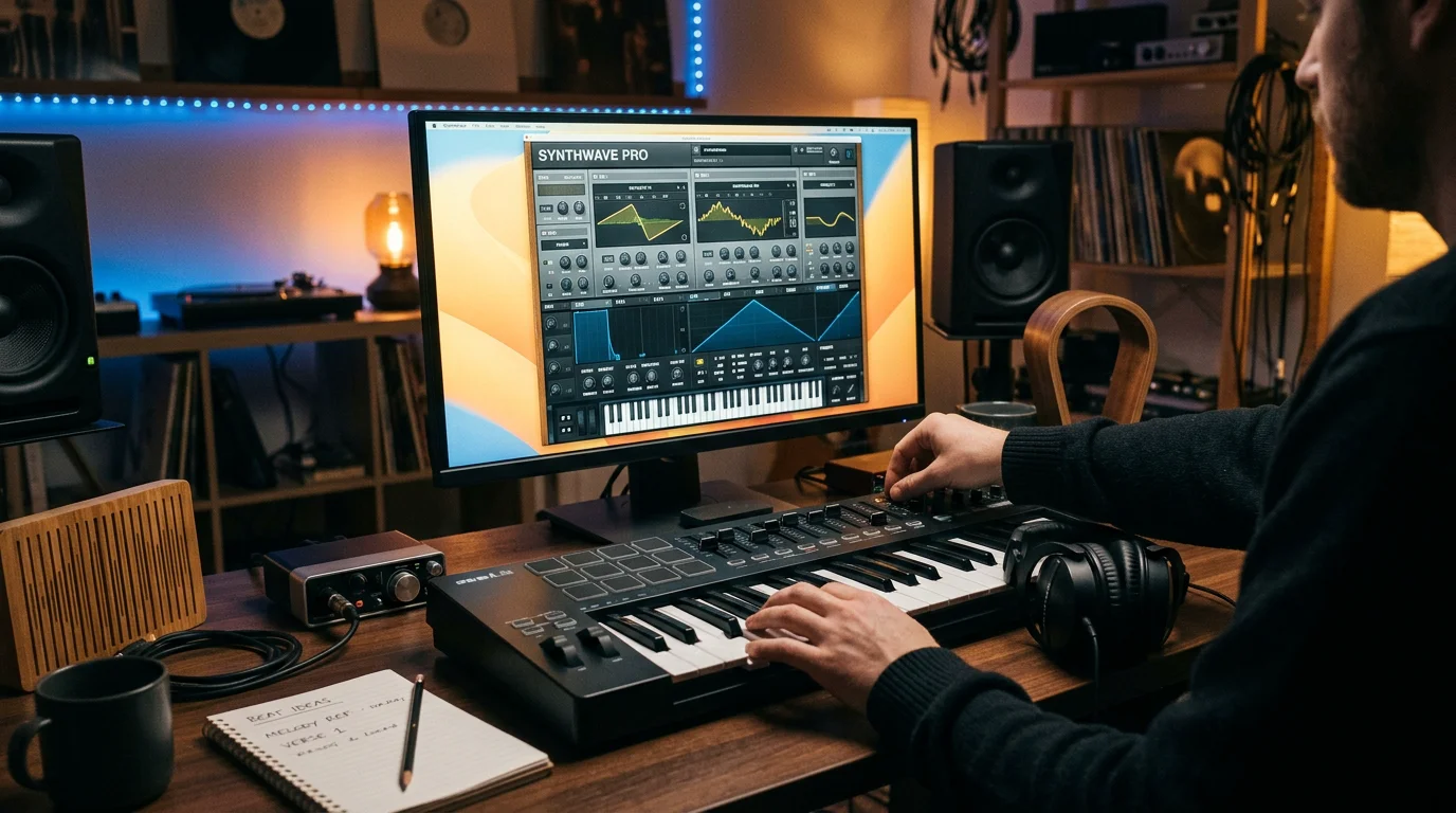 Producer workstation with a synthesizer interface on screen and a MIDI keyboard