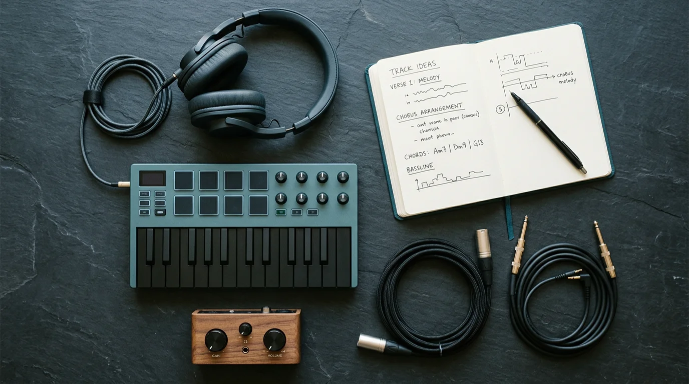 Flat lay of studio production tools including headphones and a MIDI controller