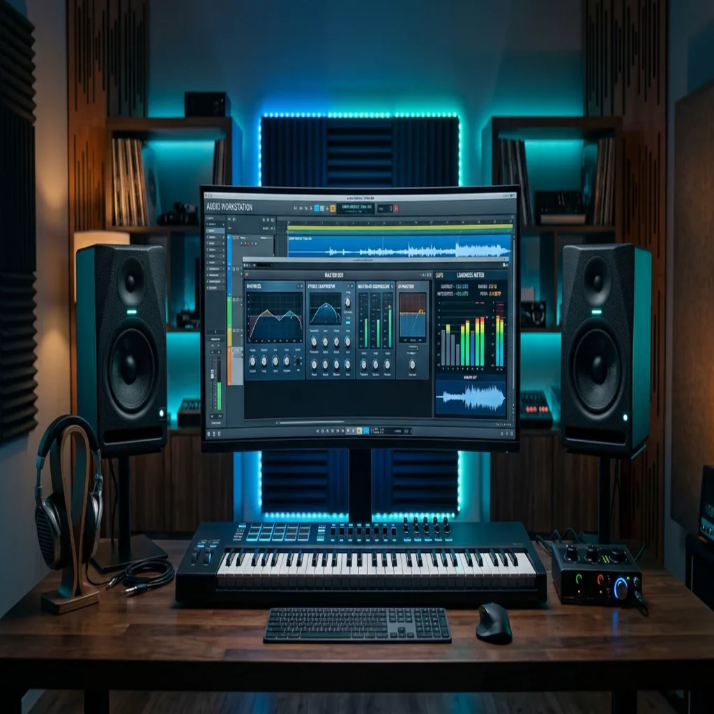 Home studio setup showing a master bus and loudness meter on screen