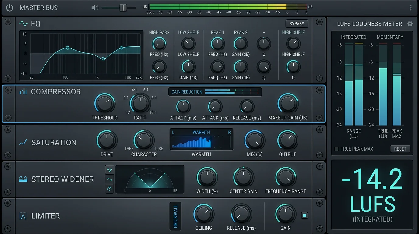 A master bus processing chain with a LUFS meter in a digital audio workstation