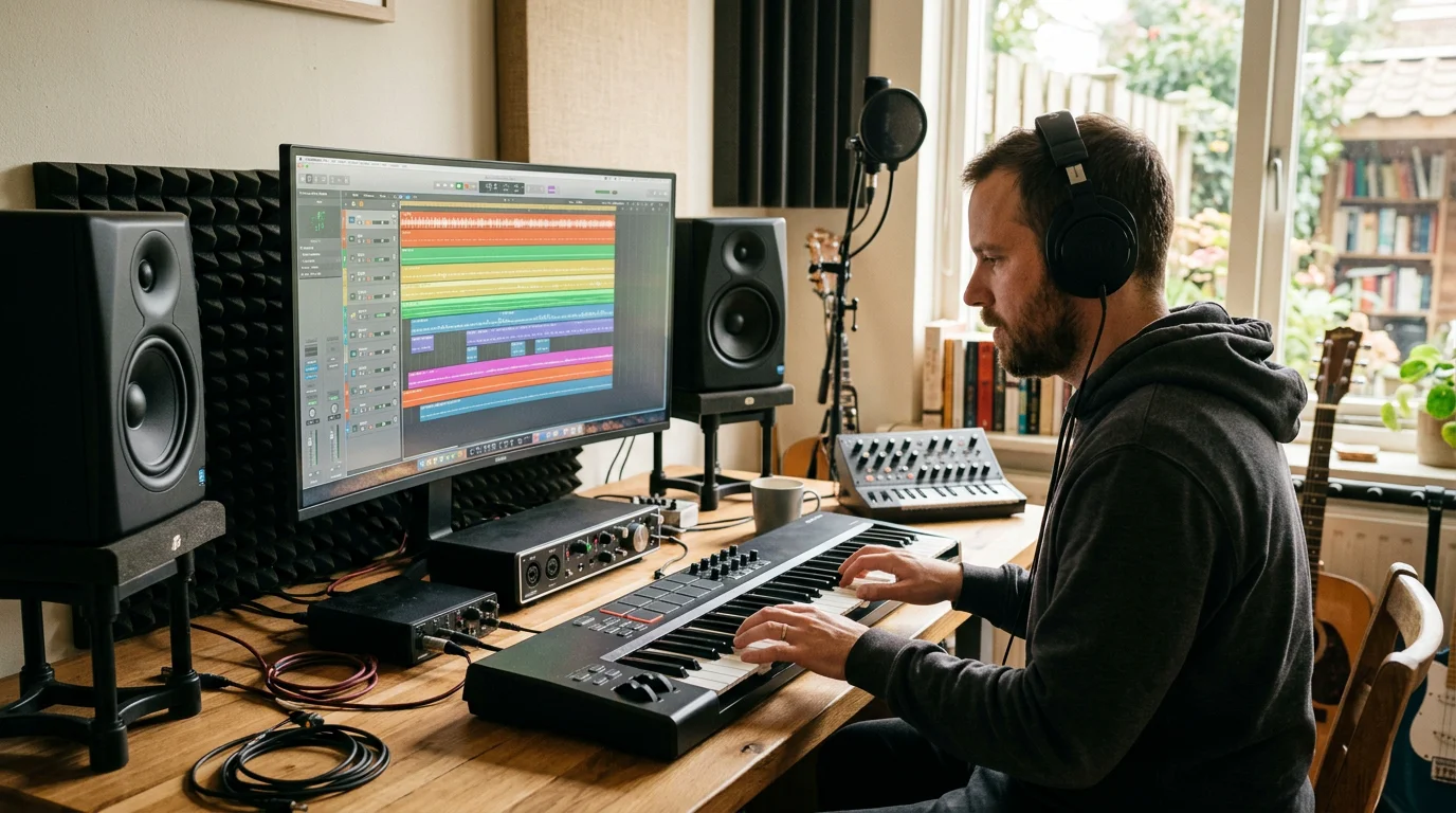 A producer creating a beat at a home studio workstation