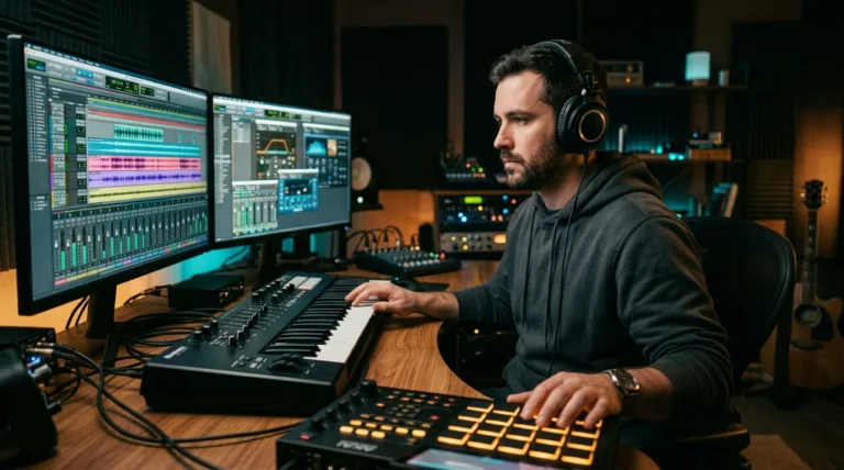 Music producer working on a beat in a home studio with headphones and dual monitors