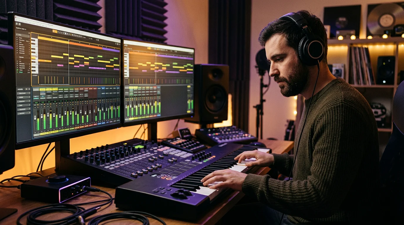Producer arranging a beat in a digital audio workstation with a MIDI keyboard