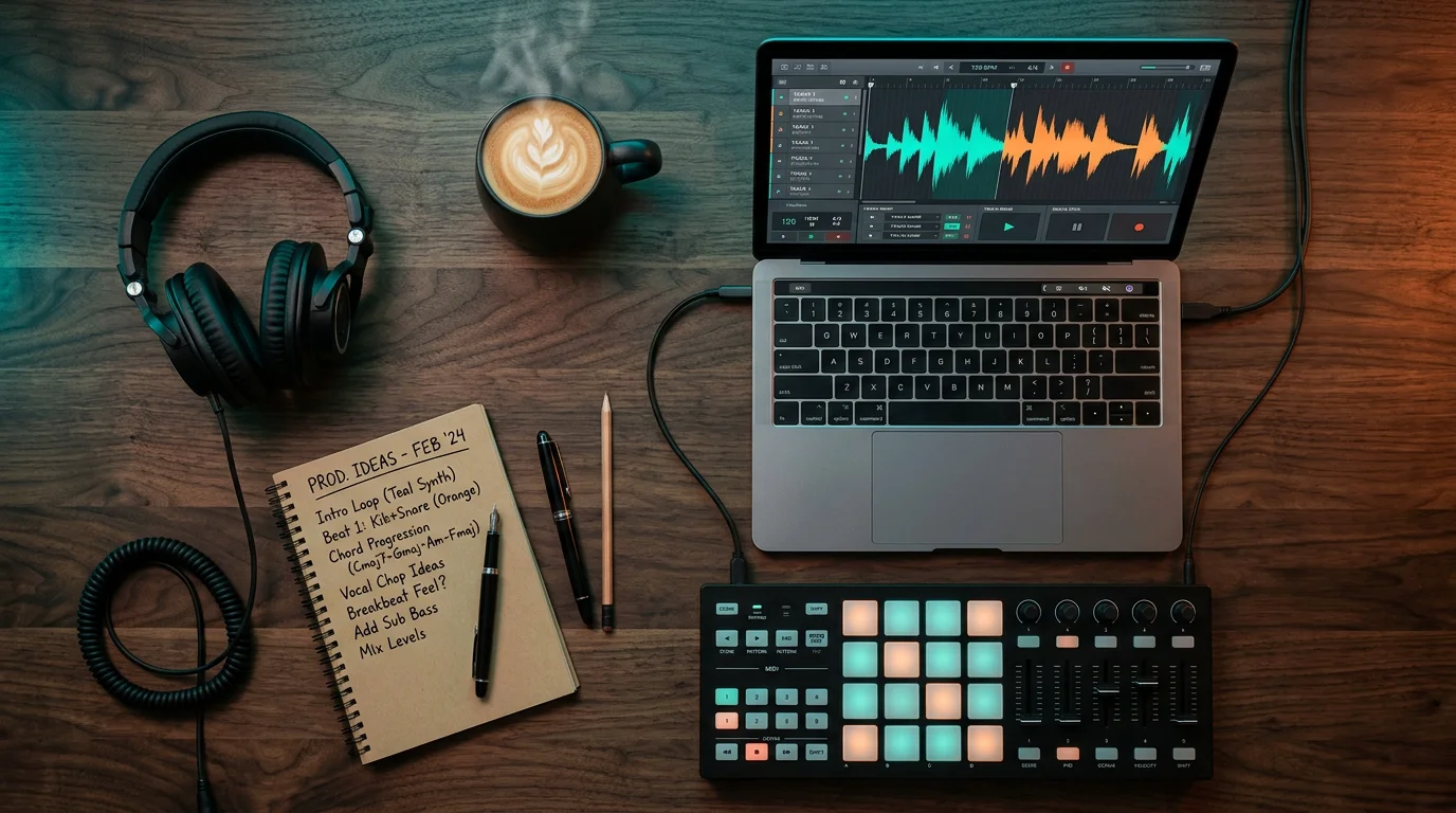Flat lay of a beatmaking workspace with headphones, pad controller and laptop