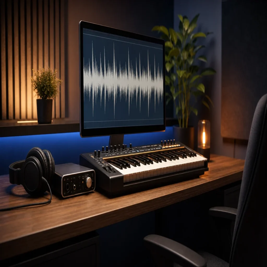 Professional music production setup with MIDI keyboard and studio headphones