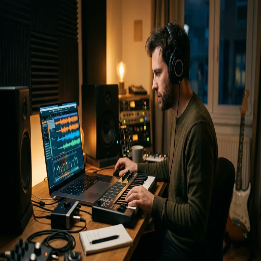 Music producer working at a home studio desk with laptop and MIDI keyboard at night