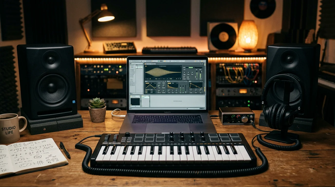 Producer workstation with synthesizer software, MIDI keyboard and studio monitors