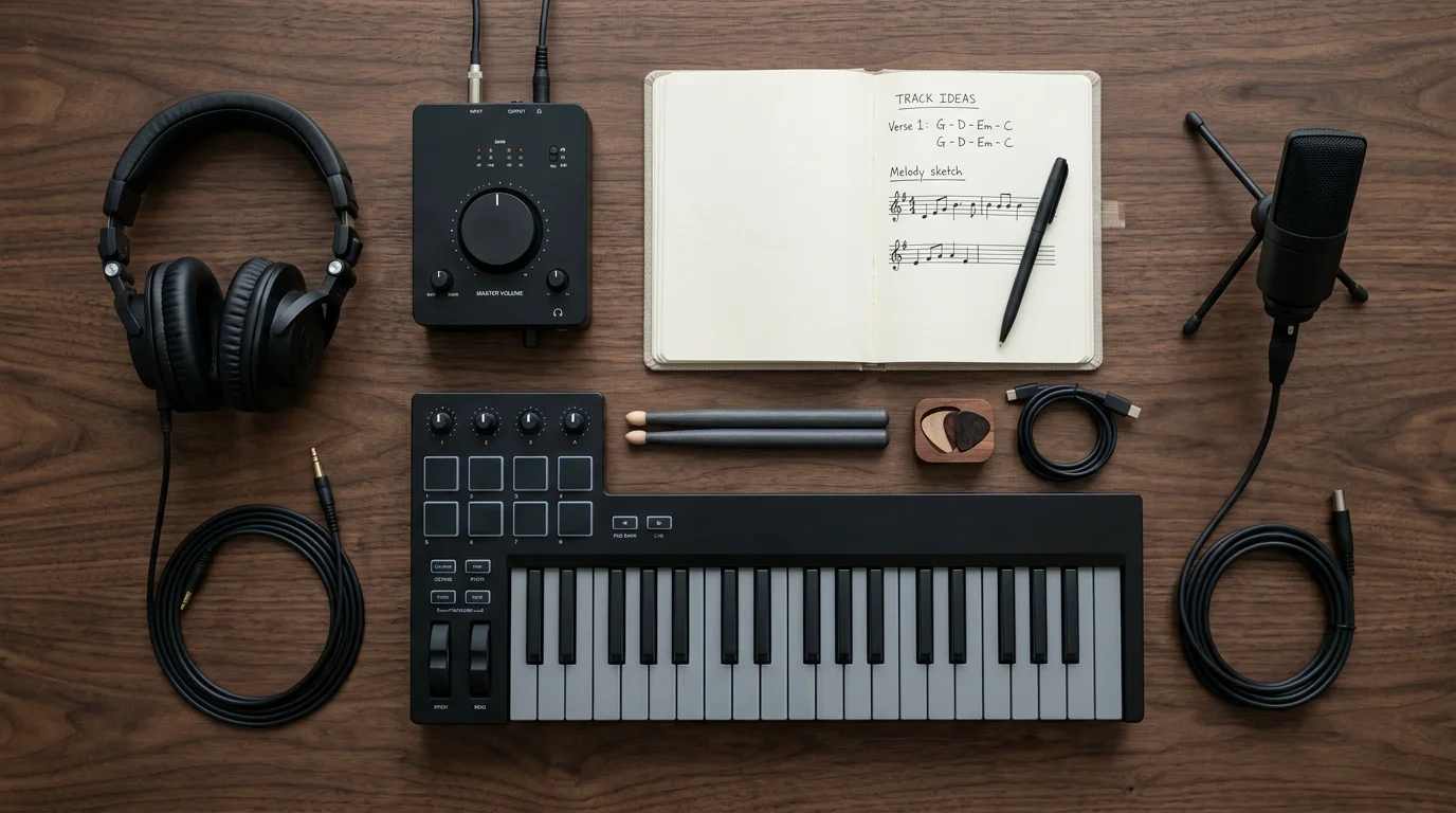 Minimalist flat lay of essential music production tools on a dark surface