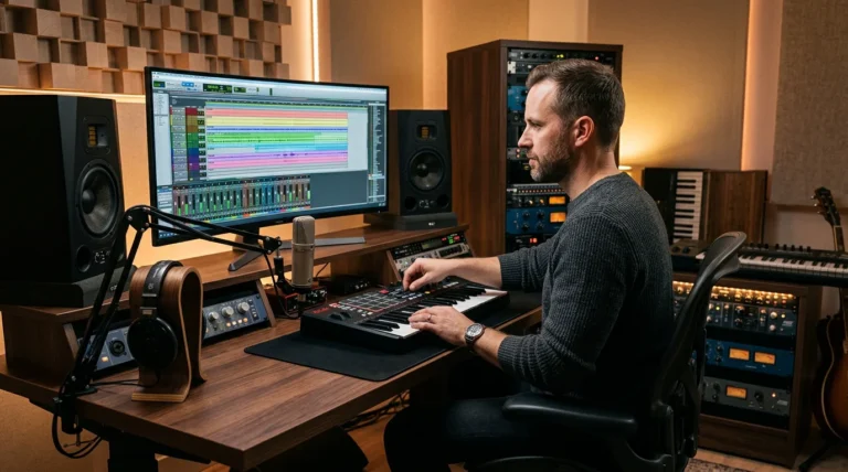 Music producer working at a modern studio workstation with a DAW on screen