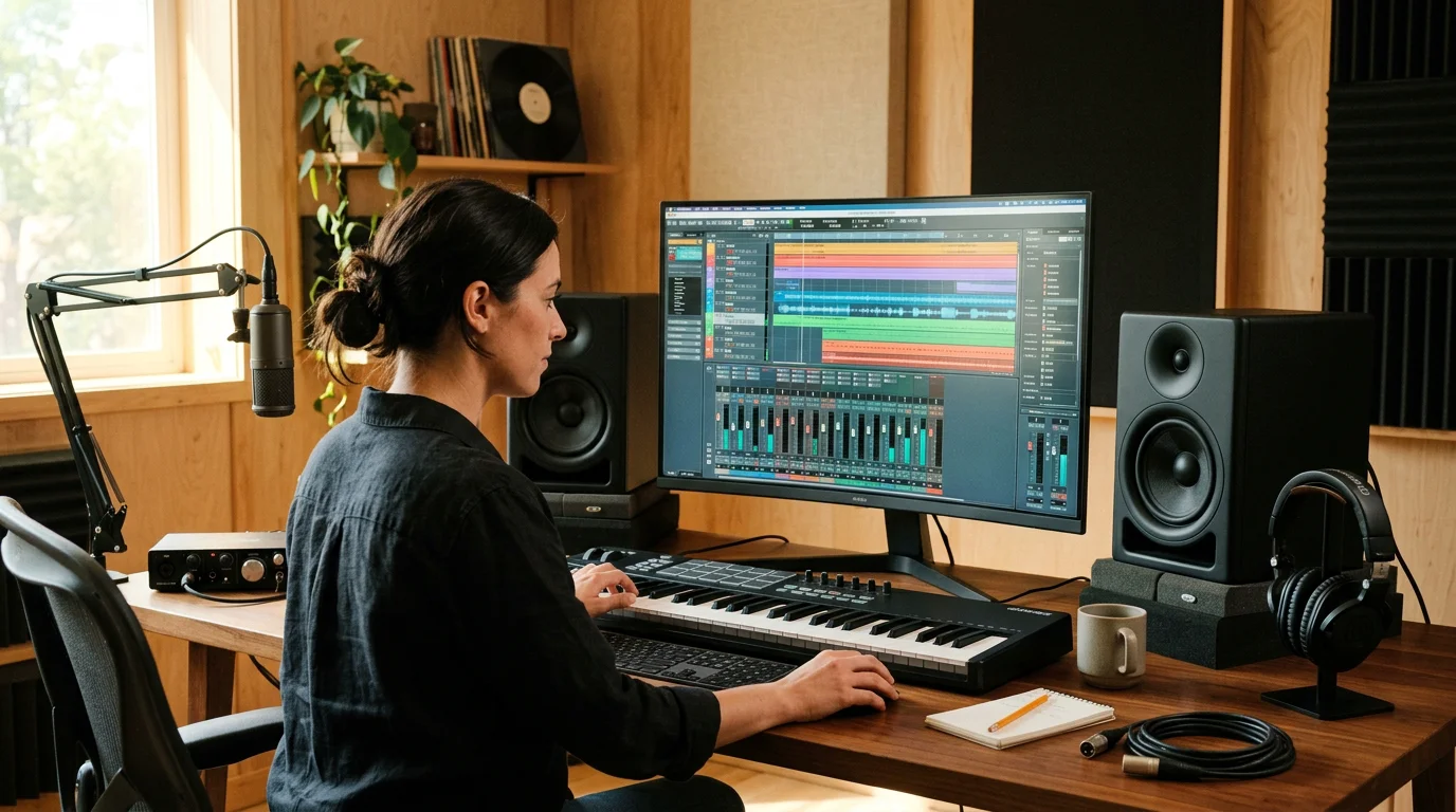 Home studio desk with a digital audio workstation open on screen