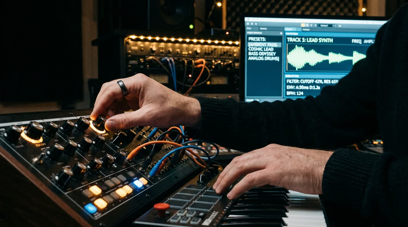 Producer adjusting a synthesizer while browsing presets on screen