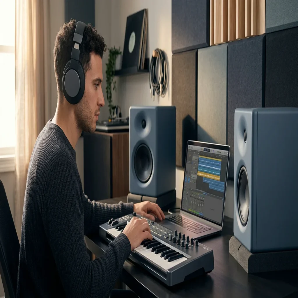 Music producer working on beats in a modern home studio with headphones and a laptop