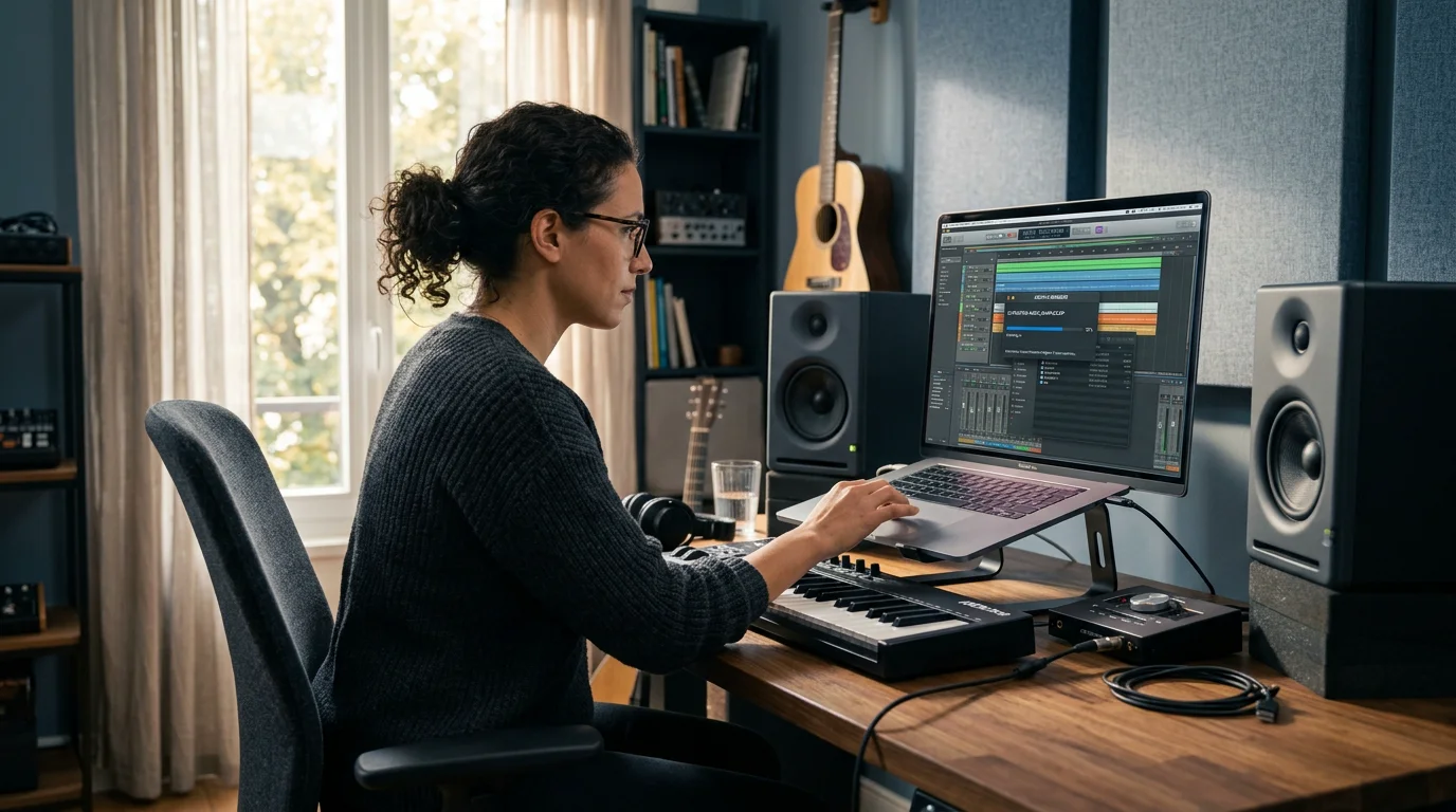 Producer extracting a ZIP archive of VST plugins on a laptop in a home studio