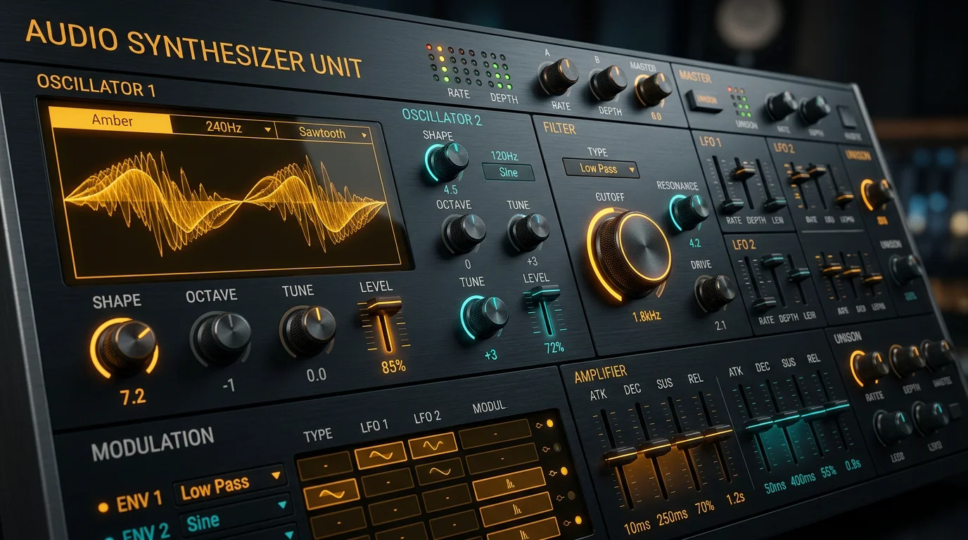 Abstract synthesizer plugin interface with knobs and waveform displays