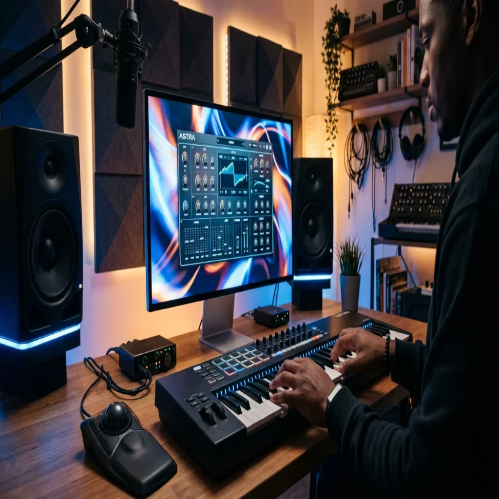 Producer using a MIDI keyboard with a synthesizer plugin on screen in a home studio