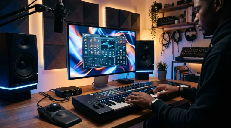 Producer using a MIDI keyboard with a synthesizer plugin on screen in a home studio