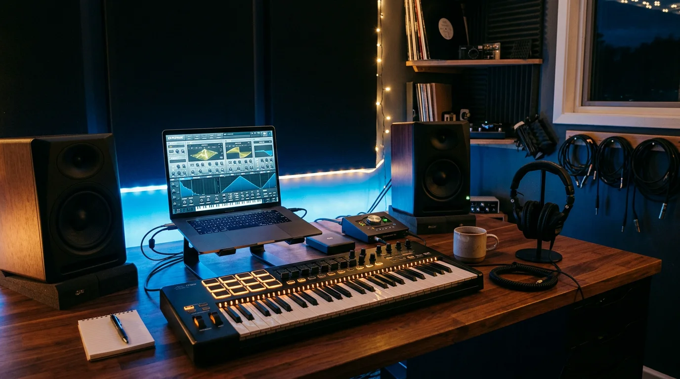 Producer workstation with a synthesizer plugin open on a laptop in a home studio