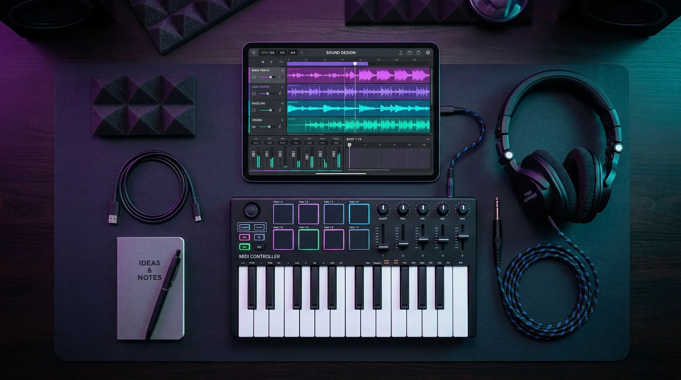 Flat lay of production gear and a tablet showing audio waveforms